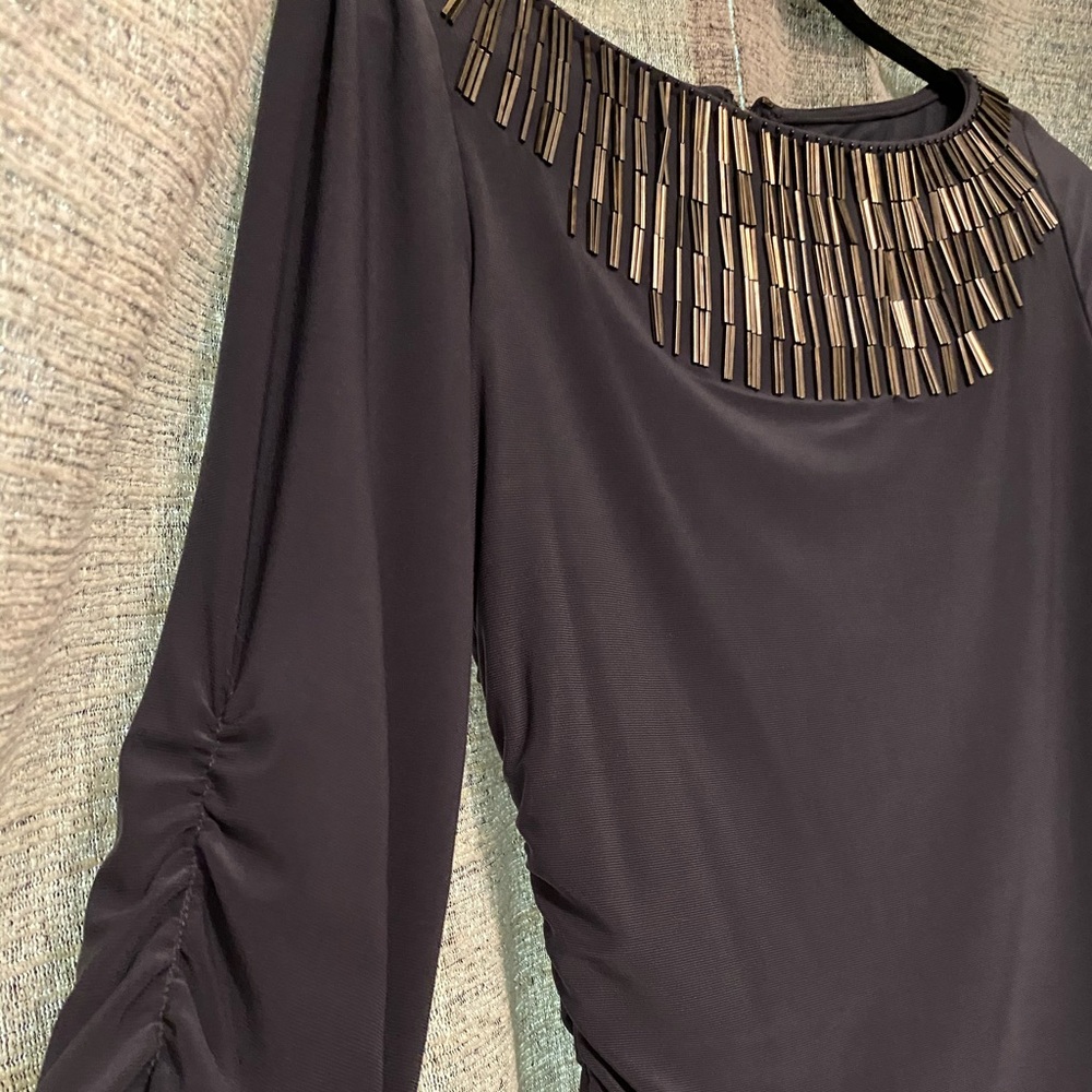 Adrianna Papell gray gathered dress with beading